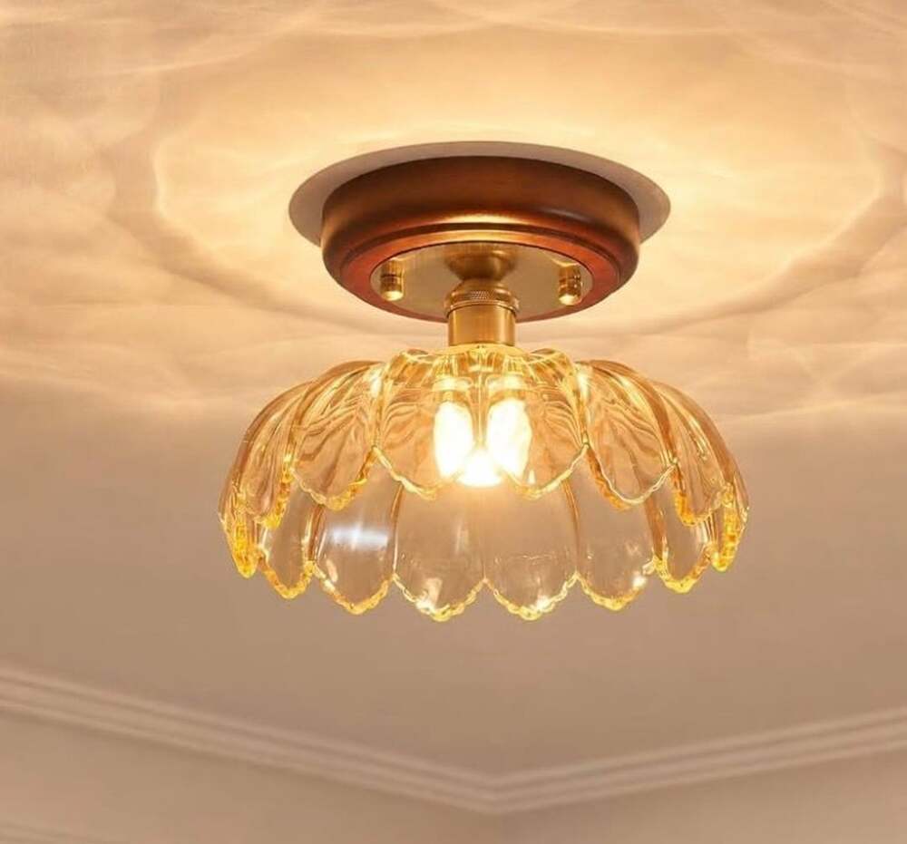 Vintage Semi-Flush Mount Ceiling Light with Amber Floral Petal Glass Shade and W